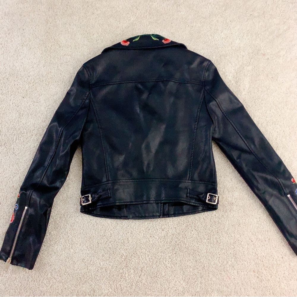 Floral Embroidered Black Faux Leather Biker Jacket - Picture 8 of 10